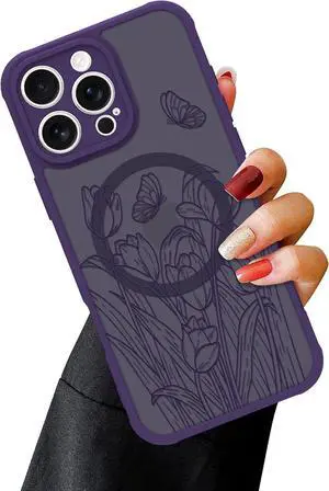 Magnetic Case for iPhone 16 Pro [MagSafe Compatible] Purple Wild Flower Slim Translucent Matte Case with Camera Lens Protection Small Flowers (6.3)