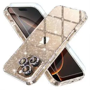 Compatible for iPhone 16 Pro Max Case Women Cute Clear Glitter Bling Sparkly Case [3 x Diamond Camera Lens Protectors] [2 x Tempered Glass Screen Protectors] 6.9-inch (Glitter Clear)