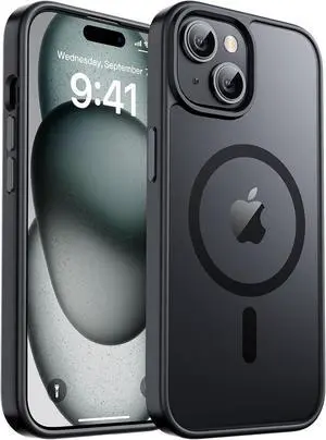 Magnetic for iPhone 15 Case & iPhone 14 Case [Compatible with MagSafe] [10 FT Military Grade Drop Protection] Slim Translucent Matte Shockproof Anti-Scratch Phone Cover Black