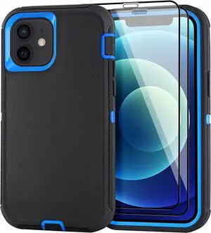 for iPhone 12/for iPhone 12 Pro Case 6.1 with 2 Screen Protector Full Body Rugged Heavy Duty Military Grade Cover Shockproof/Drop Proof Protection Phone Case (Black Blue)