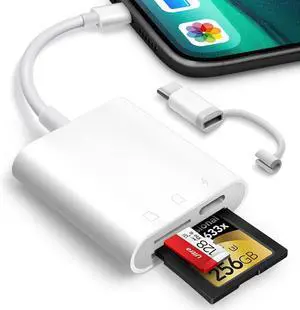 SD Card Reader for iPhone iPad Digital Trail Camera SD Card Viewer with Dual Slot for MicroSD/SD Lightening&USBC Dual-Connector Memory Card Adapter for Photography Plug and Play