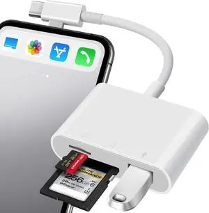 SD Card Reader for iPhone USB C & Lightening Dual Connectors SD Card Adapter Plug&Play for microSD SD Cards or USB-A USB-C Trail Camera Memory Reader Supports iPhone 15 16 Mac MacBook iPad