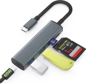 USB C SD Card Reader Memory Card Reader with 60W PD Charger Adapter SD Card Adapter with SD/TF/USB 4 Ports for iPhone 15/16 iPad Pro MacBook Pro/Air iMac Android and More USB-C Devices