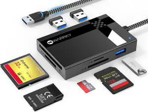 SD Card Reader USB 3.0 WARRKY [2.5FT Nylon Braided Extra USB 3.0 Ports 5Gbps] 7 in 1 Memory Card Reader Micro SD Card Adapter for microSD SDXC SDHC CF MS MMC Micro SDXC/SDHC UHS-I More