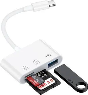 USB C to USB Camera Adapter SD Card Reader for iPhone 16e 16 15 3 in 1 Memory Card Adapter with Dual Card Slots & USB Port for  Galaxy S25 Ultra Plus S24 Pixel9 Android Trail Camera Card Reader