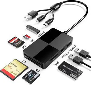 XD/MS/TF/CF/SD Card Reader for iPhone 8 in 1 Multi Memory Stick Pro Duo Adapter Hub with 3 USB 2.0 Ports Lightning+USB A+USB C Memory Card Reader OTG Adapter Supports Micro SD/SDHC/XD Picture Card