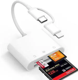 CF SD Card Reader for iPhone iPad Mac Dual Connector (Lightning & USB C) Digital Camera Memory Card Adapter to iPhone with Compact Flash/SD/MicroSD 3 Slot Plug&Play for Android Phone Laptop