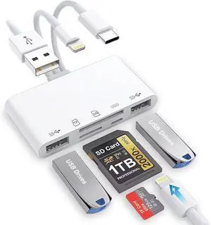SD Card Reader for iPhone/iPad 5-in-1 Universal Memory Card Reader for SD/TF Card/USB Drive USB-C/Lightning/USB Connector Compatible with iPhone 16/iPad Pro/Galaxy/MacBook/ etc.
