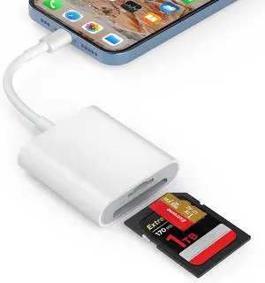 SD Card Reader for iPhone Memory Card Reader with Dual Slot for SD/TF Card Plug and Play Trail Game Camera SD Card Viewer Lightning to MicroSD Card Camera Adapter for iPad No App Required