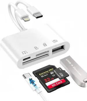 USB C & Lightning SD Card Reader Dual Ports 4-in-1 Memory Card Adapter for iPhone/Android with USB Female OTG Port Supports SD/TF Cards Camera Adapter Portable Design & Fast Charging Function