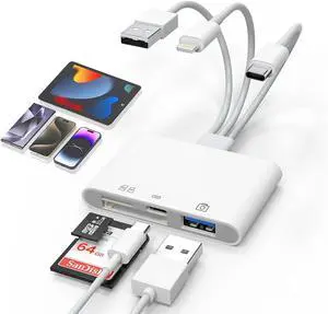 Universal SD Card Reader for iPhone/Mac - Upgraded TypeC(Data)+Lightning+USB Three Port SD/TF Memory Card Reader Digital Camera Transfer to Phone Adapter Multi Port 4 in 1 Universal SD Card Reader