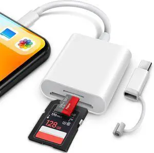 SD Card Reader for iPhone iPad Lightening& USB-C Dual Connector Memory SD Card Adapter Support SD/MicroSD Cards High-Speed Digital Trail Game Camera to iPhone Viewer Plug and Play - White
