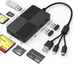 Memory Stick Pro Duo Adapter for iPhone/USB C/PC - 8 in 1 SD/TF/CF/MS/XD Picture Card Reader & 3 USB 2.0 Multi Memory Card Reader USB C Lightning OTG Adapter Memory Stick pro Duo Reader for iPhone