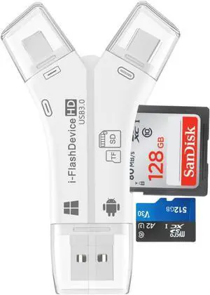 4-in-1 USB 3.0 SD/Micro SD Card Reader for iPhone iPad Android Mac Computer Camera Trail Camera Viewer Portable Memory Card Reader Adapter for iPhone ipad Charge(White)