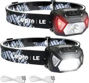 LE Headlamp Rechargeable, LED Head Lamp with 6 Modes for Camping & Hiking Gear Essentials, IPX4 Waterproof High Lumen Bright Headlight Flashlights with Adjustable Headband, USB Cable Include
