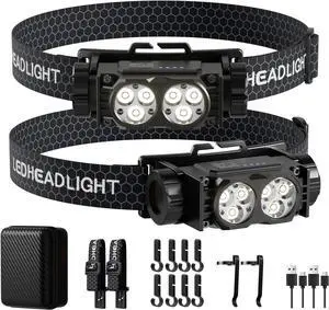 Headlamp Rechargeable 2PCS 4500L Super Bright Light Bright LED Rechargeable Headlight with White Light Waterproof Head Lamp with Headband for Outdoor Camping Hiking Camping Essentials Working