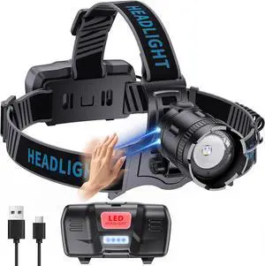 Led Headlamp Rechargeable 3000 Lumens Super Bright 4 Colors(BU/WH/YE) & UV Head Lamp with Motion Sensor &Zoomable 90°Adjustable & IPX7 Waterproof Headlight for Fishing Hard Hat Camping Hunting