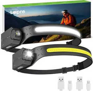LED Headlamp Rechargeable - Super Bright Motion Sensor Head lamp with 1200 mAh Battery 230°COB Wide Beam & Adjustable Spotlight IP44 Waterproof Headlight for Camping Hiking Running 2 Pack