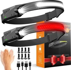 Headlamps Rechargeable with Red Light 2 Pack 230° Wide Beam Running LED Head Lamp for Adults Headlights for Head with Motion Sensor Hard Hat Light Flashlight for Runners Camping Hiking Fishing