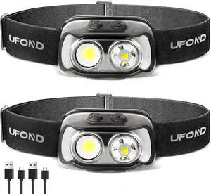 LED Headlamp 2-Pack 6 Modes Wide or Focused Beam Rechargeable Headlight Motion Sensor USB Cable Included Ajustable Headband Lightweight Waterproof Flashlight for Camping Hiking Running