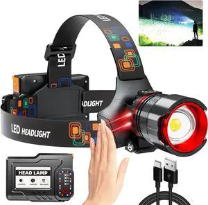 Rechargeable Headlamp High Lumens Super Bright LED Head Lamp with Motion Sensor 12 Modes IPX7 Waterproof 125° Adjustable Zoomable Headlight for Adults Camping Cycling Running