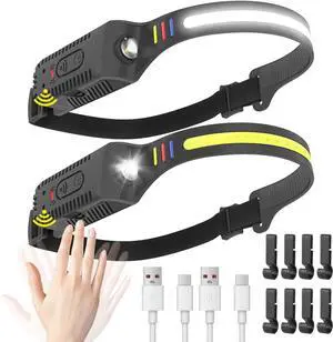 Headlamp Rechargeable 2pcs 230° Wide Beam Head Lamp with Motion Sensor - Camping Essentials Waterproof LED Head Light Flashlight for Hiking Fishing Biking Working and Gift