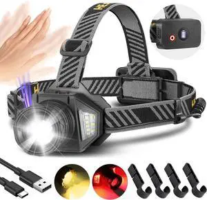 Rechargeable Headlamp High Lumen LED Zoomable Head Lamp with Motion Sensor Super Bright Headlight with 12 Modes & IPX5 Waterproof for Hardhat Outdoor Running Working Camping Fishing Gear
