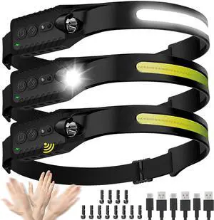 Headlamp Rechargeable (3-Pack) LED Head Lamp Flashlight 230° Wide Beam Headband Light 400 Lumen Super Bright Waterproof Headlight 5 Modes for Running Fishing Hiking Camping