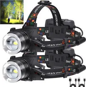 LED Rechargeable Headlamp 2 Pack 900000 Lumens Head Lamps (Include attery) Super Bright Long Distance Headlamps with 5 Mode Waterproof 90° Adjustable Head Lights for Forehead Adults Outdoor Camping