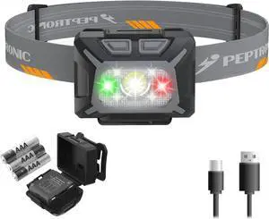 Camping Headlamp Dual Power (Rechargeable/3AAA Batteries Included) LED Dimming Head Lamp Waterproof 60° Adjustable Head Light 9 Modes Red White Green Light for Hiking Running Cycling