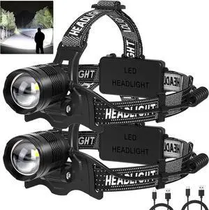 LED Headlamp Rechargeable 2Pack 3000 Lumens Bright Head Lamp 90° Adjustable Head Lights for Forehead with 3 Modes Long Runtime & Waterproof Headlamps for Adults Camping Hiking