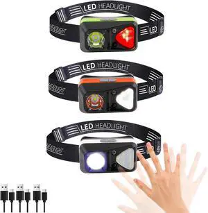 3 Pack Rechargeable Headlamp LED Head Lamp with White Red Light Super Bright USB-C Head Lamps Motion Sensor HeadLamps for Adults 11 Light Mode Outdoor Camping Running Hiking Fishing