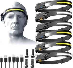 Rechargeable Headlamp 6 PCS 230°Beam Headlamp for Adults 6 Mode Camping & Spotlight Motion Sensor Lightweight Headlights Flashlight