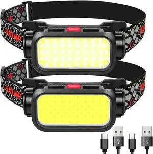 Headlamp Rechargeable 1500 Lumens Wide Beam Led Head lamp Lightweight Hard Hat Light 4 Modes Lightbar Headlamp Outdoor Waterproof Headlamps Flashlight for Camping Running Cycling (2 Packs)