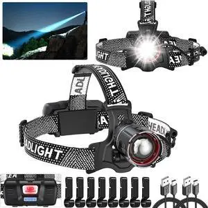 Super Bright Headlamp Rechargeable 2 Pack High Lumen LED Head Lamp with Motion Sensor 5 Modes Zoomable Head Light for Forehead 90° Adjustable Waterproof Headlamps for Adults Hard Hat Camping