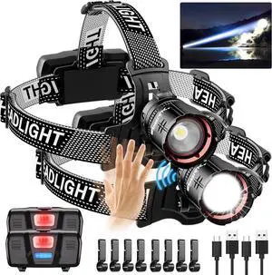 High Lumens LED Headlamp& 100H Using Time USB Rechargeable Head lamp 90° Adjustable Widebeam Motion Sensor Head Light with 5 Modes Zoomable for Camping Running Hiking Hard Hat Headlamps 2pc