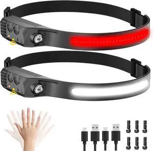 Rechargeable Headlamp with Red Light 2PCS Motion Sensor 230° Head Lamp Hard Hat Light for Adults Headlight for Forehead LED Headband Flashlight for Work Running Camping Essentials Gear