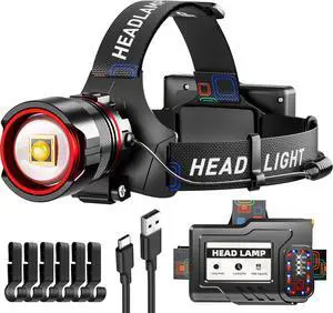 Rechargeable LED Headlamps High lumens Headlamp with Motion Sensor & Zoomable 12 Modes IPX7 Waterproof Headlight for Forehead 125° Adjustable & Brightest Head Lamp for Adults Camping Hardhat