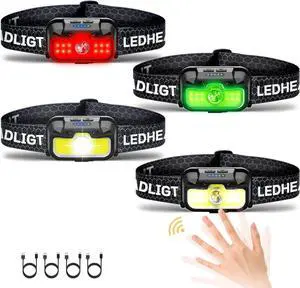 Headlamp Rechargeable 4 Pack 1300 Lumen Ultra-Light Bright Head Lamp with White Red Green 14 Modes Adjustable Waterproof Motion Sensor Headlight for Outdoor Camping Running Cycling Hiking