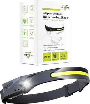 Tactical Headlight - 230° Wide Beam LED Tactical Headlamp Rechargeable USB-C Headlight with Motion Sensor 350 Lumens IPX4 Waterproof Lightweight Head lamp for Camping Essentials Hiking Running