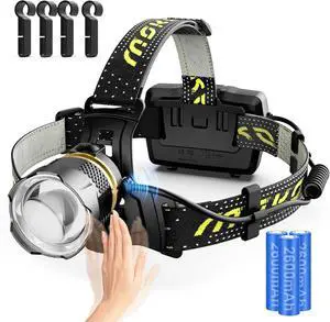 Rechargeable Headlamp 2500LM 40H Long Lasting Battery Powered 7 Modes Headlight with Motion Sensor IP68 Waterproof 90° Adjustable Head Lamp Zoomable Led Headlamp for Running Camping