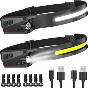 Rechargeable 2PCS LED Headlamp 230 Wide Beam with Motion Sensor Lightweight Waterproof Flashlight for Adults Hiking Running Camping Gear
