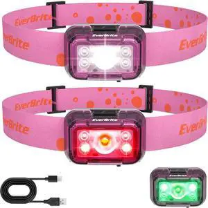 Rechargeable Headlamp 2 Pack Kids Headlamp with White/Red/Green Light and Memory Function Head Lamp for Adult and Kid with 5 Modes 120° Adjustable LED Headlamp for Camping Running-Pink