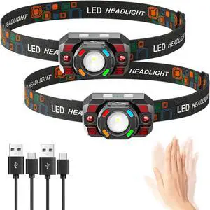 Headlamp Flashlight 500 Lumen Ultra-Light Bright LED Rechargeable Headlight with White Red Bule Light 2-Pack Waterproof Motion Sensor Head Lamp 10 Modes for Outdoor Camping Running Hiking Fishing