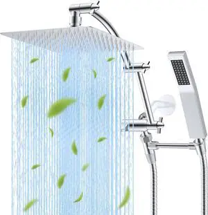All Metal 10 Rainfall Shower Head Dual Shower Head Combo High Pressure Handheld Shower Wand 16 Adjustable Arc-shaped Shower Extension Arm 71 Hose Showerhead Holder Chrome