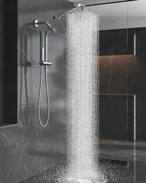 10 Luxurious All Metal Rain Shower Head with Handheld Spray Combo High Pressure Rainfall Square Shower Heads with Extention Arm Wide Dual Showerhead Bathroom Accessories Chrome Silver