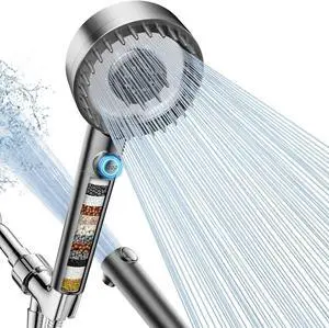 Filtered Shower Head with Handheld High Pressure 4 Spray Mode Showerhead with Filters Water Softener Filter Beads for Hard Water with ON/OFF Switch for Pets Bath-Remove Chlorine (Gray)