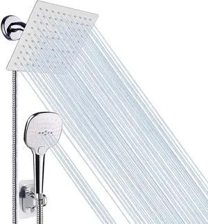 Shower Head with Hose High Pressure Stainless Steel Rain Shower and 3 Settings Handheld Spray Combo with Push Button Flow Control (8 Inch Showerhead Set Chrome Finish)