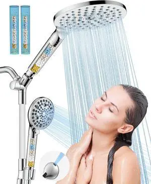 Dual Filtered Handheld Shower Heads Combo 15-Mode High Pressure Rainfall Showerheads Combo Set with Filter for Hard Water Removes Chlorine Improves Skin Hair Condition Chrome