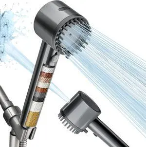 Filtered Shower Head with Handheld High Pressure 5-mode Showerhead with Filters Built-in Power Wash for Hard Water - Remove Chlorine - Reduces Dry Itchy Skin Gray